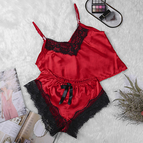 

Women's Suits Pajamas Sets Mesh Lace Bow Patchwork Embroidered Spandex Casual Strap Top Shorts Deep V Daily Wear Home Buckle / Super Sexy