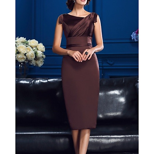 

A-Line Mother of the Bride Dress Elegant Cowl Neck Tea Length Satin Sleeveless with Draping 2021