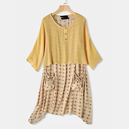 

Women's Two Piece Dress Knee Length Dress Yellow Green 3/4 Length Sleeve Floral Print Spring Round Neck Casual Loose 2021 M L XL XXL 3XL 4XL 5XL