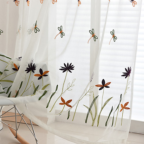 

2 Panels Sheer Curtains for Living Room, Floral Leaf Embroidery Voile Sheer Curtains for Bedroom Embroidery Window Curtains