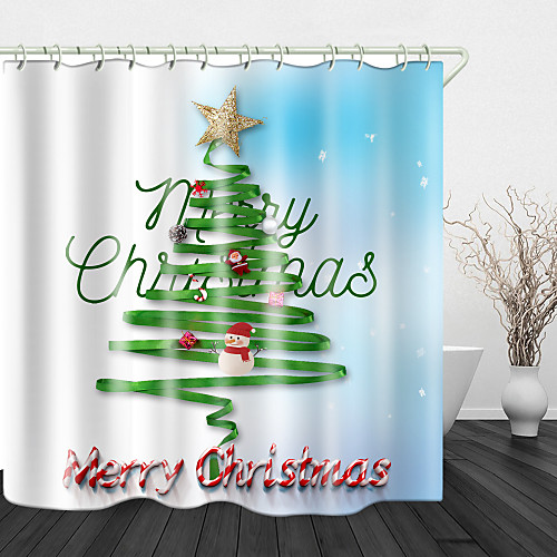 

Christmas Green Ribbon Print Waterproof Fabric Shower Curtain for Bathroom Home Decor Covered Bathtub Curtains Liner Includes with Hooks