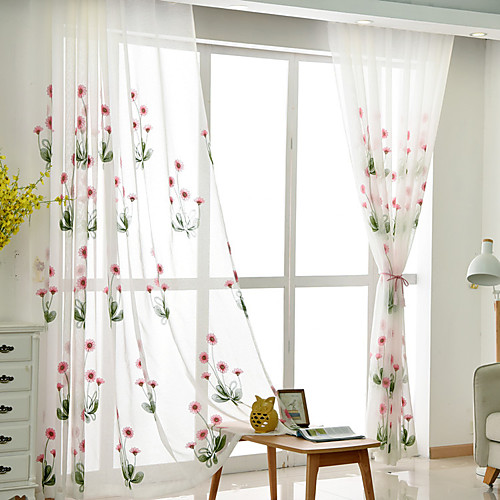 

2 Panels Sheer Curtains for Living Room, Floral Leaf Embroidery Sheer Curtains for Bedroom Embroidery Window Curtains