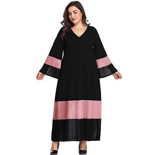 

Women's Shift Dress Maxi long Dress Black Long Sleeve Color Block Ruched Patchwork Fall V Neck Casual Loose 2021 XL XXL 3XL 4XL 5XL