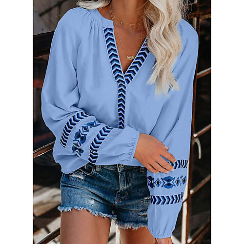 

Women's Blouse Shirt Tie Dye Long Sleeve Print V Neck Basic Tops White Blue Light Blue