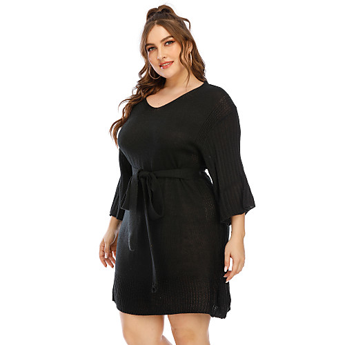 

Women's Sweater Jumper Dress Knee Length Dress Black 3/4 Length Sleeve Solid Color Mesh Fall Winter V Neck Elegant Casual Going out Flare Cuff Sleeve 2021 XL XXL 3XL / Plus Size