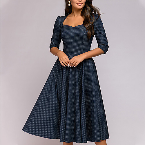 

Women's A Line Dress Knee Length Dress Blue Black Half Sleeve Print Ruched Patchwork Bow Fall Square Neck V Neck Hot Casual Loose 2021 S M L XL XXL