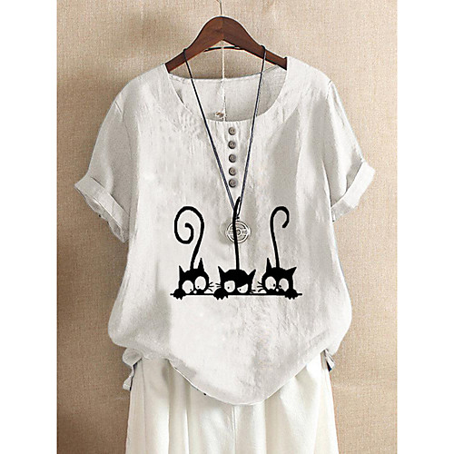 

Women's T shirt Cat Button Round Neck Basic Tops Cotton White Red Army Green