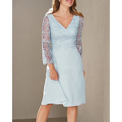 

A-Line Mother of the Bride Dress Elegant V Neck Knee Length Chiffon Lace 3/4 Length Sleeve with Lace 2021