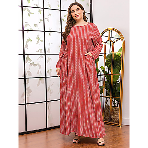 

Women's T Shirt Dress Tee Dress Maxi long Dress Red Long Sleeve Striped Pocket Summer Round Neck Casual Boho Loose 2021 XL XXL 3XL 4XL