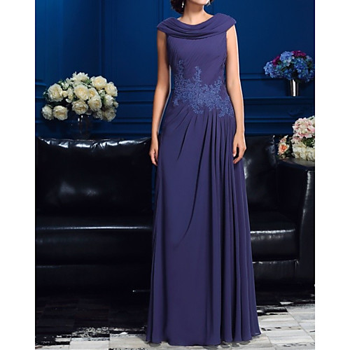 

A-Line Mother of the Bride Dress Elegant Cowl Neck Floor Length Chiffon Lace Sleeveless with Pleats Draping Appliques 2021