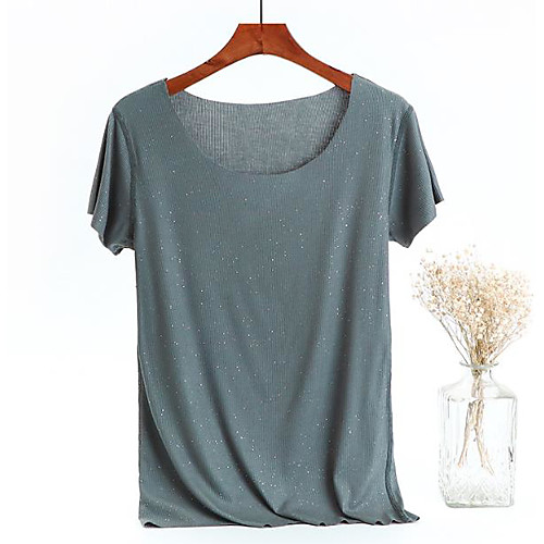 

Women's T shirt Solid Colored Sequins Round Neck Sexy Tops Cotton White Black Red