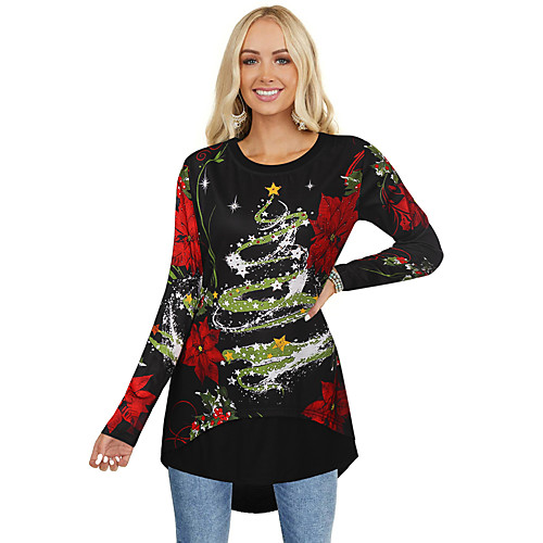 

Women's Christmas Tunic Floral Flower Long Sleeve Asymmetric Print Round Neck Basic Christmas Tops Black