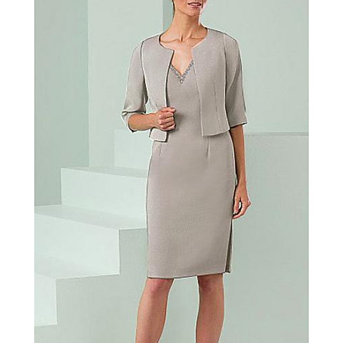 

Two Piece Sheath / Column Mother of the Bride Dress Elegant V Neck Knee Length Stretch Satin 3/4 Length Sleeve with Color Block 2021