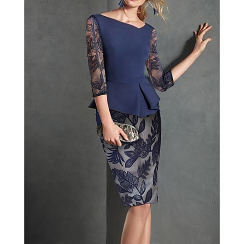 

Sheath / Column Mother of the Bride Dress Elegant V Neck Knee Length Lace Satin Half Sleeve with Appliques 2021