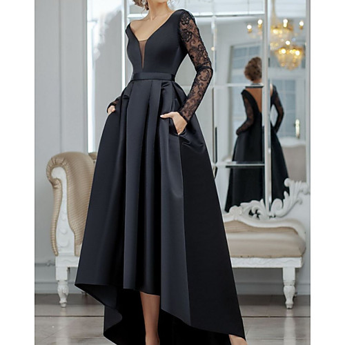 

A-Line Minimalist Sexy Wedding Guest Formal Evening Dress V Neck Long Sleeve Asymmetrical Lace Satin with Pleats Lace Insert 2021