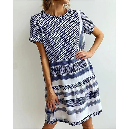 

Women's Shift Dress Knee Length Dress Blue Short Sleeve Print Print Summer Round Neck Hot Casual Loose 2021 S M L XL XXL 3XL