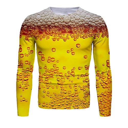

Men's T shirt Shirt Graphic Beer Print Long Sleeve Daily Tops Basic Elegant Round Neck Yellow
