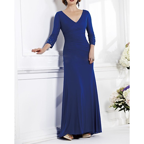 

A-Line Mother of the Bride Dress Elegant V Neck Floor Length Satin 3/4 Length Sleeve with Pleats Beading 2021