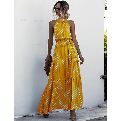 

Women's Swing Dress Maxi long Dress Yellow Green Orange Black Red Navy Blue Sleeveless Polka Dot Polka Dots Cold Shoulder Summer Halter Neck Hot Boho Holiday Loose 2021 S M L XL