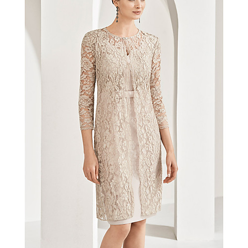 

Two Piece Sheath / Column Mother of the Bride Dress Elegant V Neck Knee Length Lace Satin 3/4 Length Sleeve with Sash / Ribbon Bow(s) 2021