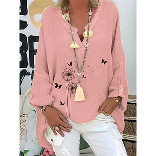 

Women's T shirt Floral Flower Long Sleeve V Neck Tops 100% Cotton White Purple Blushing Pink
