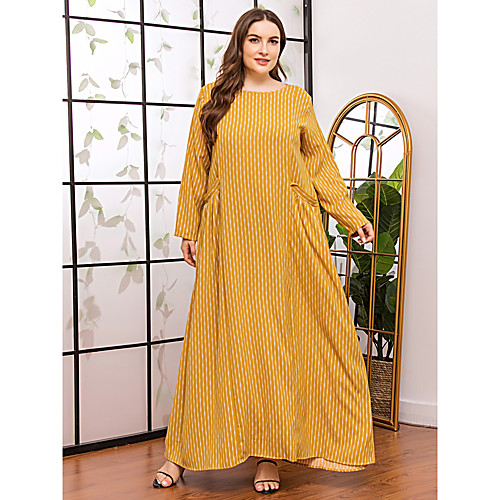 

Women's T Shirt Dress Tee Dress Maxi long Dress Yellow 3/4 Length Sleeve Striped Pocket Fall Round Neck Casual Boho Loose 2021 XL XXL 3XL 4XL