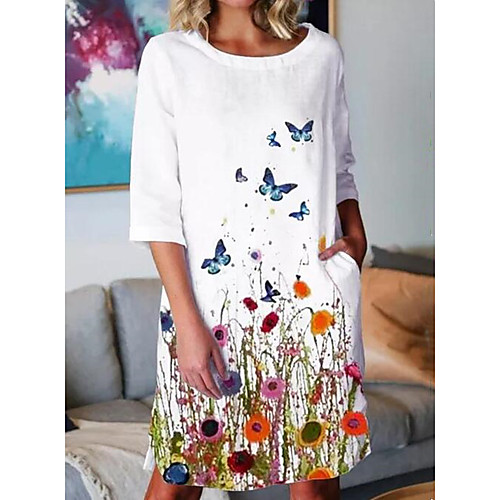 

Women's Shift Dress Knee Length Dress Gray White 3/4 Length Sleeve Butterfly Floral Animal Print Summer Round Neck Hot Casual 2021 S M L XL XXL