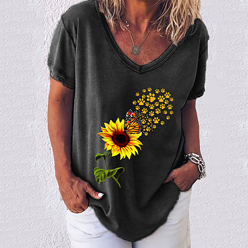 

Women's T shirt Floral Flower Print V Neck Basic Tops Cotton White Black Blue