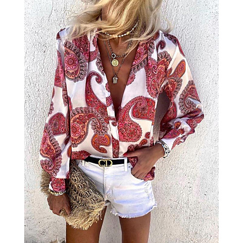 

Women's Blouse Shirt Pattern Graphic Prints Long Sleeve Standing Collar Tops Blue Red Khaki