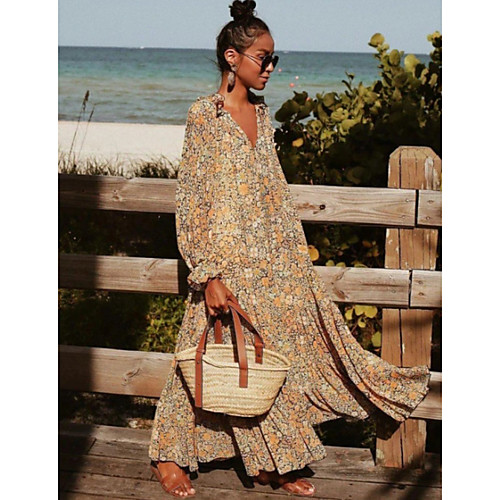 

Women's Swing Dress Maxi long Dress Khaki Long Sleeve Floral Print Print Spring Summer V Neck Casual Boho Going out Beach Flare Cuff Sleeve Loose 2021 S M L XL XXL 3XL