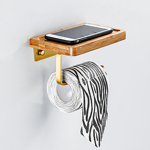 

Multifunctional Toilet Paper Holder Brushed, Aluminum/Bamboo Bathroom Accessories Tissue Roll Dispenser Storage Wall Mounted