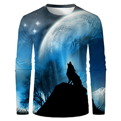 

Men's T shirt Shirt 3D Print Graphic Print Long Sleeve Daily Tops Basic Round Neck Blue
