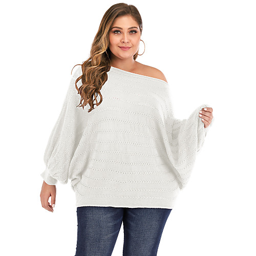 

Women's Oversized Hollow Out Asymmetric Hem Solid Colored Plain Pullover Acrylic Fibers Long Sleeve Plus Size Sweater Cardigans Round Neck Off Shoulder Fall Winter White Black Yellow