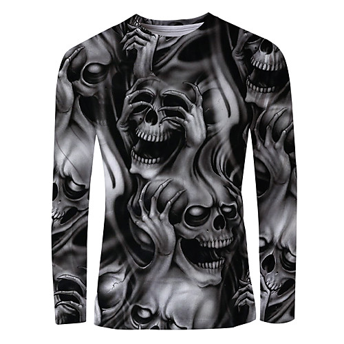 

Men's T shirt Graphic Skull Print Long Sleeve Daily Tops Basic Elegant Gray