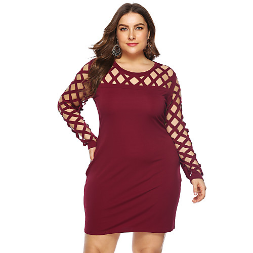 

Women's Sheath Dress Short Mini Dress Wine Dusty Blue Black Long Sleeve Solid Color Patchwork Fall Spring Round Neck Sexy 2021 L XL XXL 3XL 4XL / Plus Size