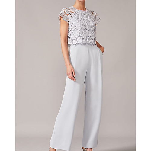 

Two Piece Jumpsuits Mother of the Bride Dress Elegant Jewel Neck Floor Length Chiffon Lace Short Sleeve with Appliques 2021
