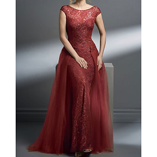 

A-Line Mother of the Bride Dress Elegant Jewel Neck Floor Length Lace Tulle Sleeveless with Lace 2021
