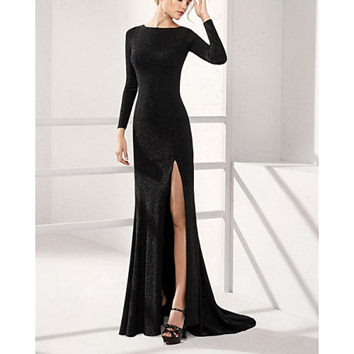 

Sheath / Column Mother of the Bride Dress Elegant Jewel Neck Sweep / Brush Train Sequined Long Sleeve with Split Front 2021