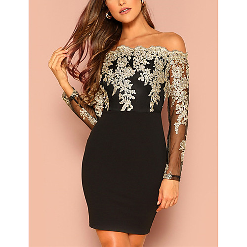 

Women's Bodycon Short Mini Dress Wine Black Long Sleeve Geometric Lace up Glitter Off Shoulder Hot Elegant Sexy Going out Slim S M L XL