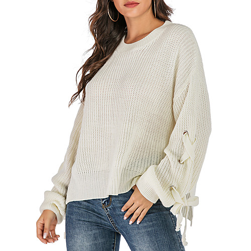 

Women's Solid Colored Pullover Cotton Long Sleeve Loose Sweater Cardigans Round Neck Fall White