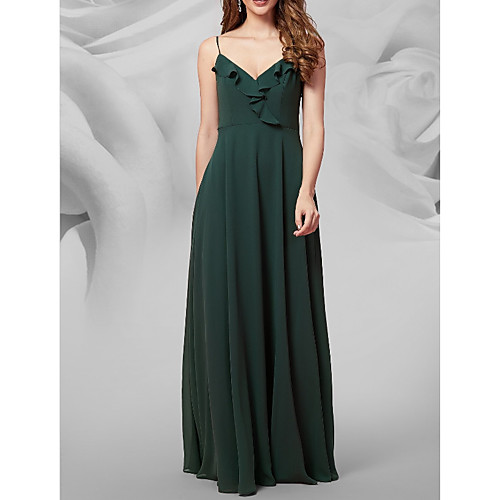 

A-Line V Neck Floor Length Chiffon Bridesmaid Dress with Pleats / Ruffles