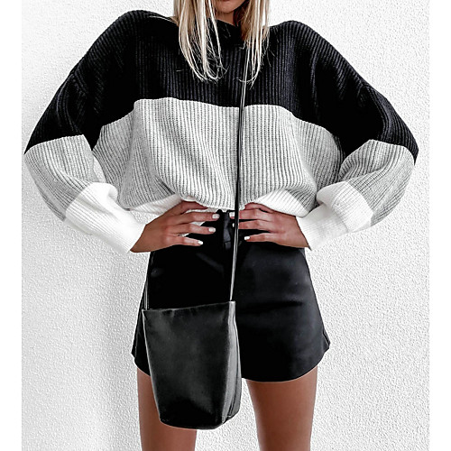 

Women's Color Block Sweater Long Sleeve Sweater Cardigans Crew Neck Round Neck Fall Winter Blushing Pink Gray