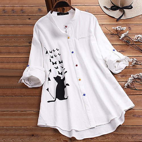 

Women's Blouse Shirt Animal Long Sleeve Button Round Neck Basic Tops White Brown