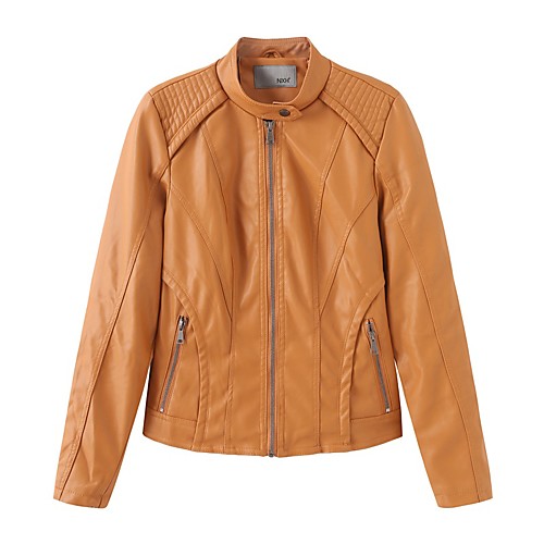 

Women's Faux Leather Jacket Daily Fall & Winter Regular Coat Stand Collar Regular Fit Basic Jacket Long Sleeve Solid Colored Yellow Blushing Pink