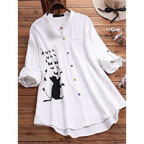 

Women's Blouse Shirt Cat Animal Long Sleeve Print Round Neck Basic Tops Cotton Blue Green White