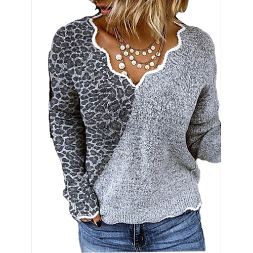 

Women's Basic Knitted Leopard Cheetah Print Pullover Cotton Long Sleeve Sweater Cardigans V Neck Fall Winter Gray