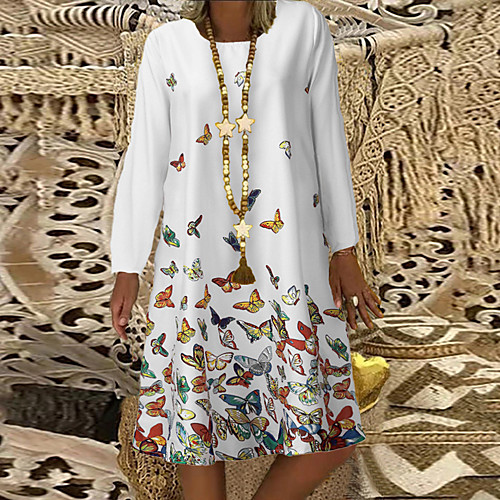 

Women's A Line Dress Knee Length Dress Blue Yellow Blushing Pink White Long Sleeve Print Print Fall Round Neck Hot Casual Holiday Loose 2021 S M L XL XXL 3XL 4XL 5XL