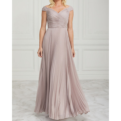 

A-Line Mother of the Bride Dress Elegant Off Shoulder Floor Length Chiffon Sleeveless with Pleats Ruching 2021