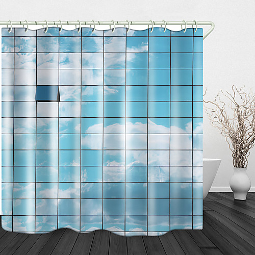 

Blue Sky In The Mirror Digital Print Waterproof Fabric Shower Curtain For Bathroom Home Decor Covered Bathtub Curtains Liner Includes With Hooks