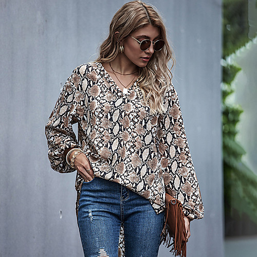 

Women's Blouse Shirt Leopard Cheetah Print Long Sleeve Pleated Patchwork Print V Neck Basic Tops Khaki